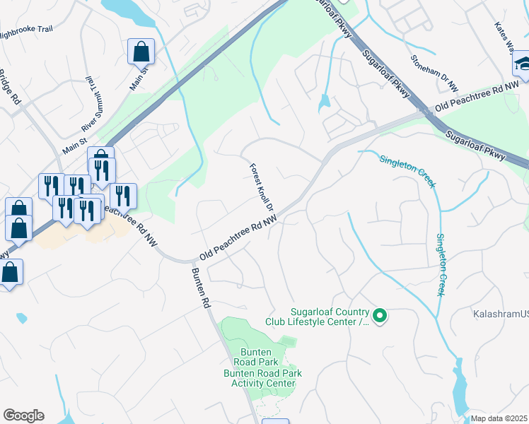 map of restaurants, bars, coffee shops, grocery stores, and more near 2427 Old Peachtree Road Northwest in Duluth
