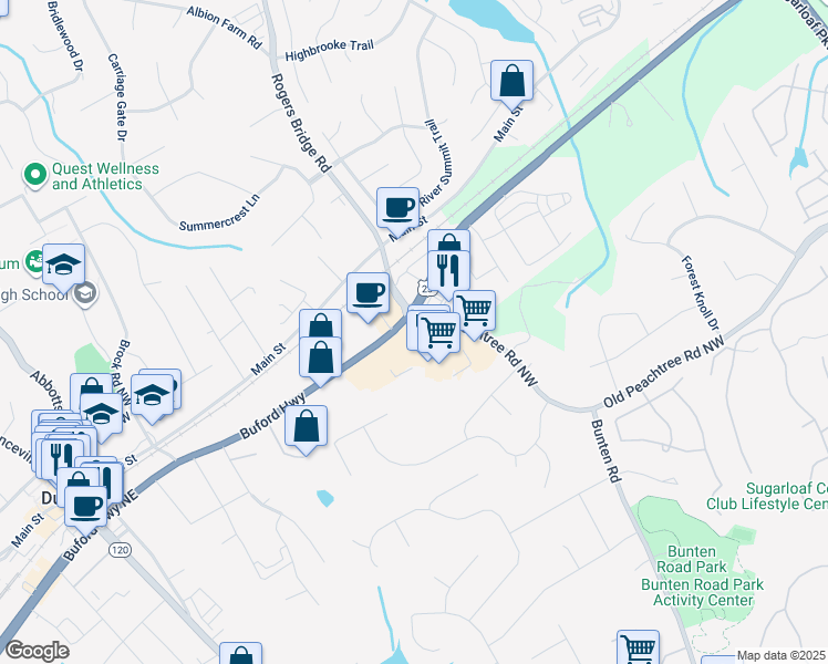 map of restaurants, bars, coffee shops, grocery stores, and more near 2700 Buford Highway in Duluth