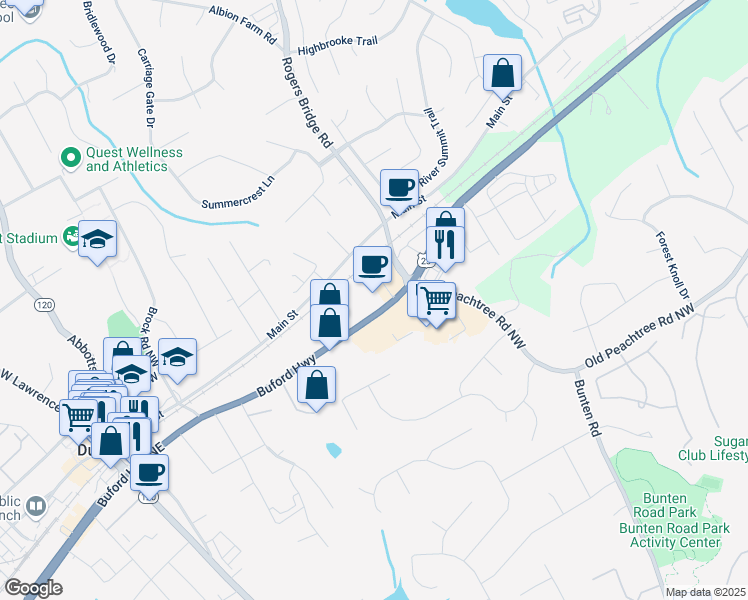 map of restaurants, bars, coffee shops, grocery stores, and more near 2715 Buford Highway in Duluth