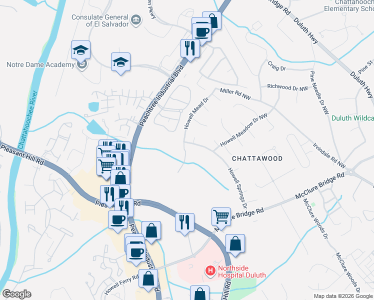 map of restaurants, bars, coffee shops, grocery stores, and more near Howell Mead Dr in Duluth