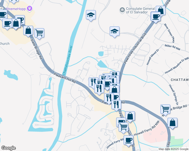 map of restaurants, bars, coffee shops, grocery stores, and more near 4130 Plantation Trace Drive in Duluth