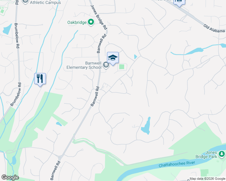 map of restaurants, bars, coffee shops, grocery stores, and more near 2145 Northwick Pass Way in Alpharetta