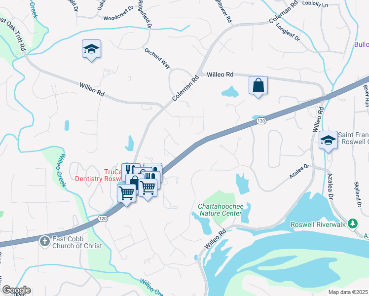 map of restaurants, bars, coffee shops, grocery stores, and more near 7035 Hampton Bluff Way in Roswell
