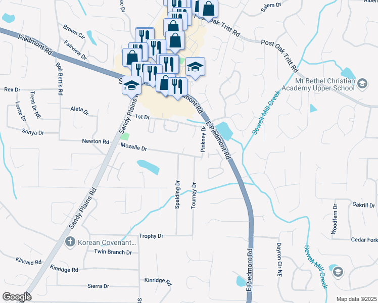 map of restaurants, bars, coffee shops, grocery stores, and more near 2065 Mozelle Drive in Marietta