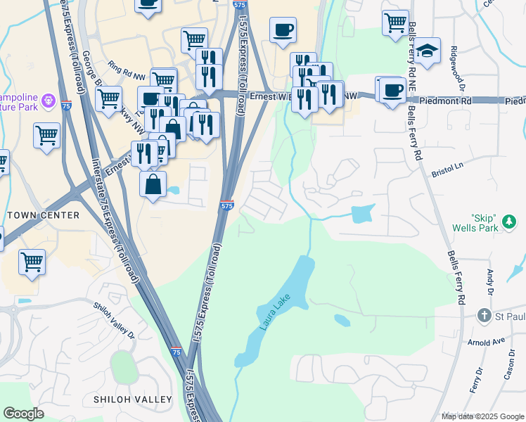 map of restaurants, bars, coffee shops, grocery stores, and more near 25 Jekyll Drive in Marietta