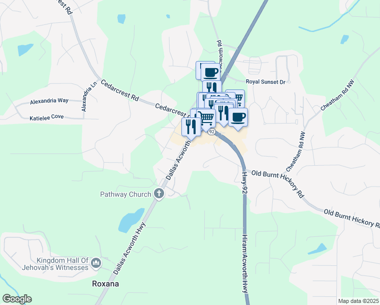map of restaurants, bars, coffee shops, grocery stores, and more near 8598 Dallas Acworth Highway in Dallas
