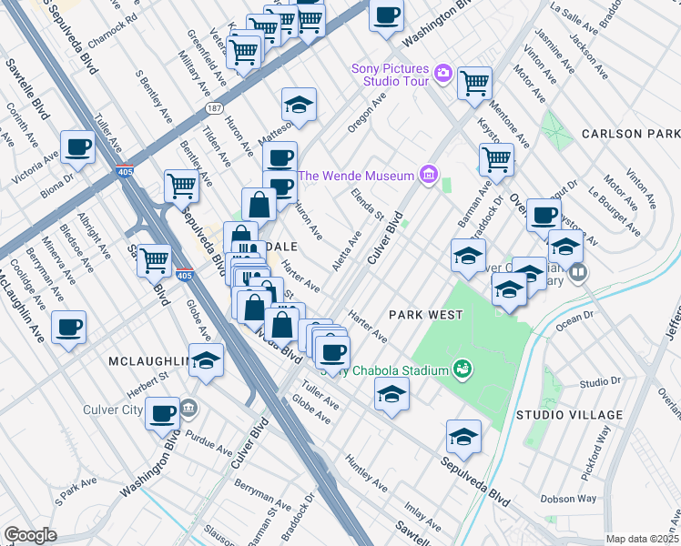 map of restaurants, bars, coffee shops, grocery stores, and more near 11026 Aletta Avenue in Culver City