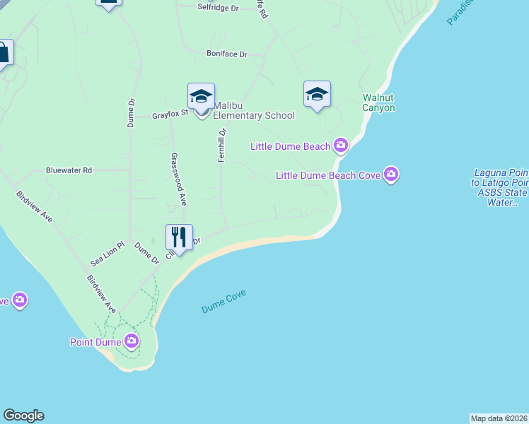 map of restaurants, bars, coffee shops, grocery stores, and more near 28925 Cliffside Drive in Malibu
