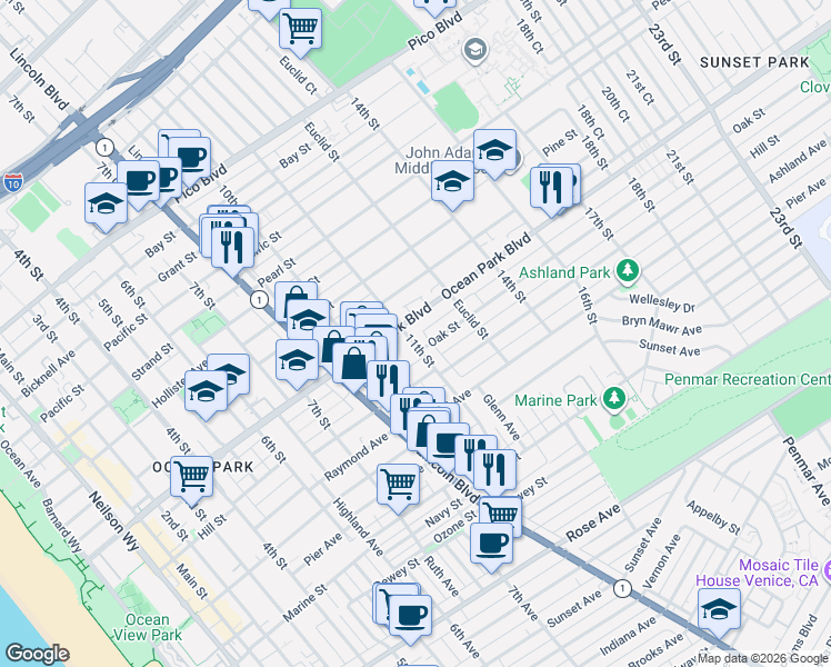 map of restaurants, bars, coffee shops, grocery stores, and more near 2621 11th Street in Santa Monica