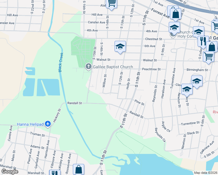 map of restaurants, bars, coffee shops, grocery stores, and more near 1009 Spruce Street in Gadsden