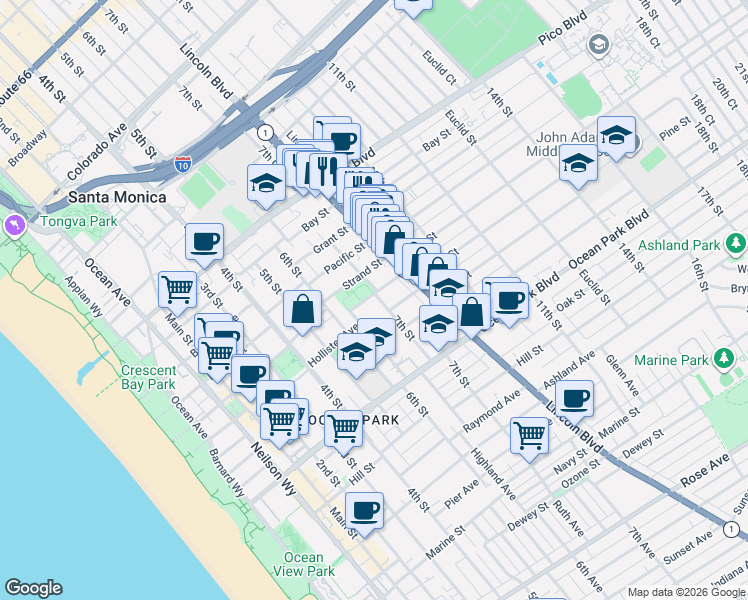 map of restaurants, bars, coffee shops, grocery stores, and more near 652 Kensington Road in Santa Monica