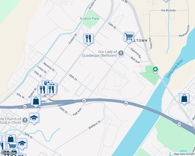 map of restaurants, bars, coffee shops, grocery stores, and more near 2725 Hall Avenue in Jurupa Valley