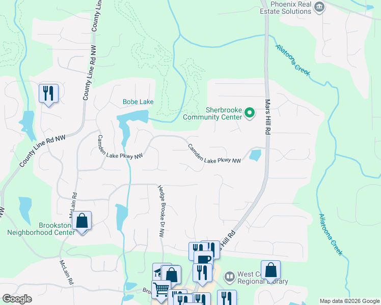 map of restaurants, bars, coffee shops, grocery stores, and more near 5181 Camden Lake Parkway Northwest in Acworth