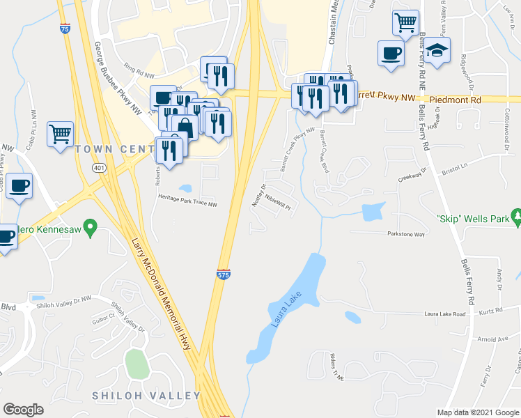 map of restaurants, bars, coffee shops, grocery stores, and more near 37 Jekyll Drive in Marietta