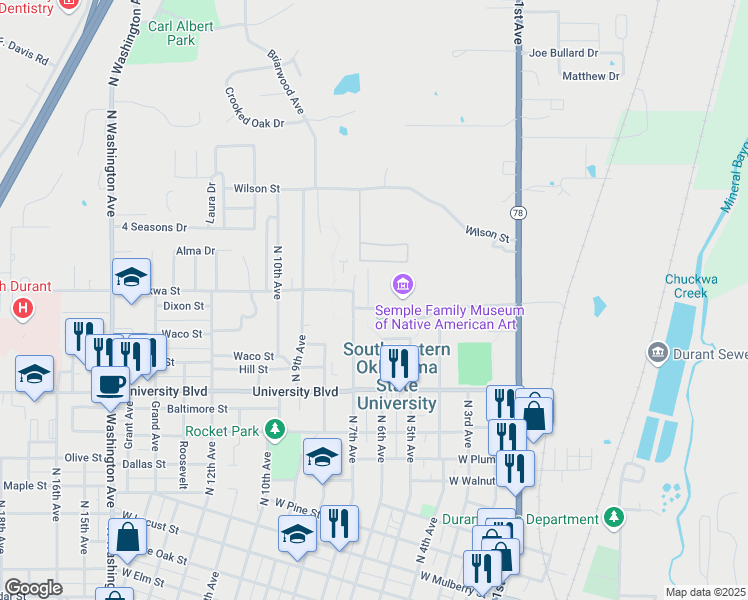 map of restaurants, bars, coffee shops, grocery stores, and more near 600 Montgomery Drive in Durant