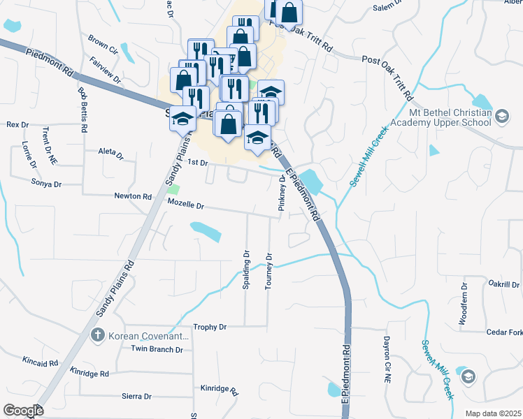 map of restaurants, bars, coffee shops, grocery stores, and more near 2065 Mozelle Drive in Marietta