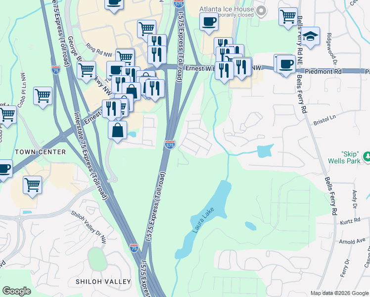 map of restaurants, bars, coffee shops, grocery stores, and more near 37 Jekyll Drive in Marietta