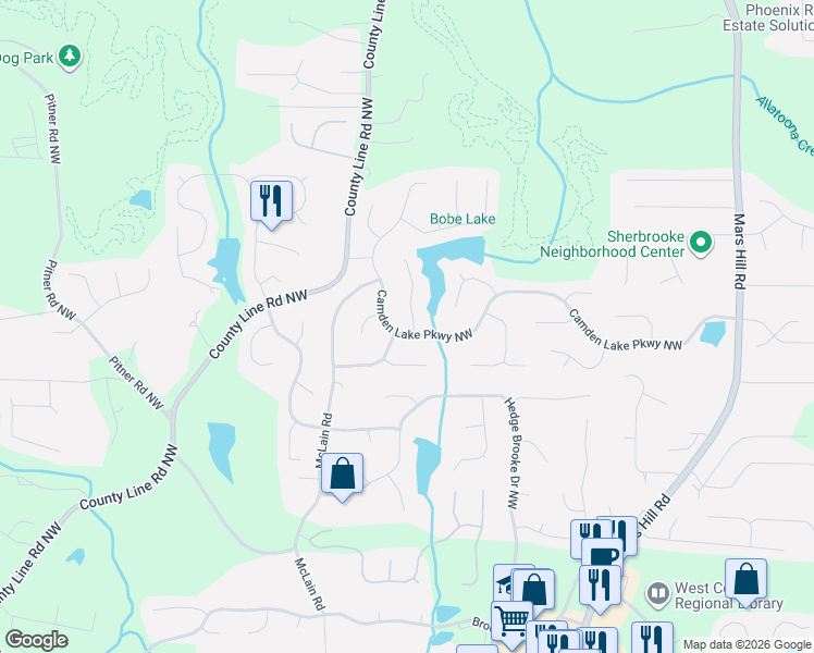 map of restaurants, bars, coffee shops, grocery stores, and more near 2486 Saluda Drive Northwest in Acworth