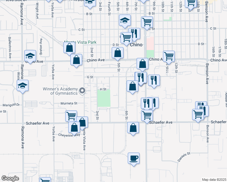 map of restaurants, bars, coffee shops, grocery stores, and more near 13488 5th Street in Chino