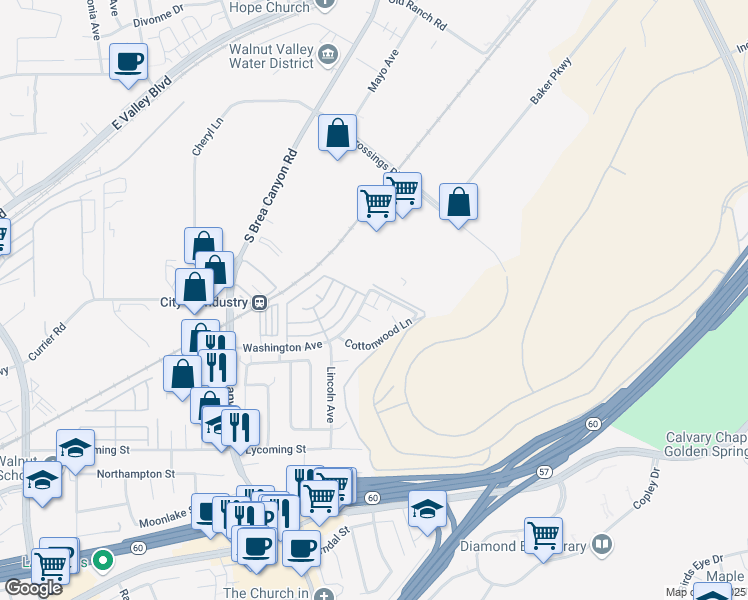map of restaurants, bars, coffee shops, grocery stores, and more near 607 Alder Lane in Walnut