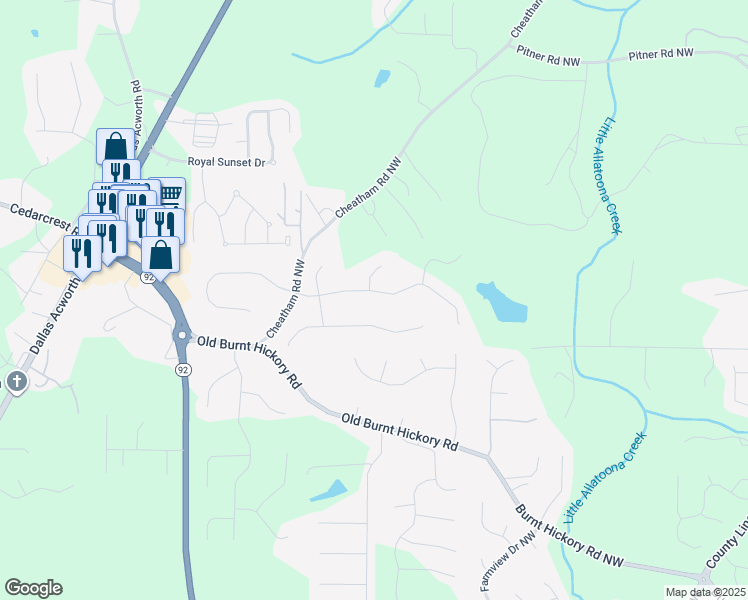 map of restaurants, bars, coffee shops, grocery stores, and more near 204 Heights Lane in Acworth