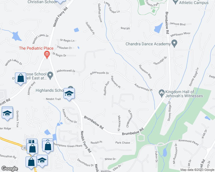 map of restaurants, bars, coffee shops, grocery stores, and more near 730 Redlion Run in Alpharetta