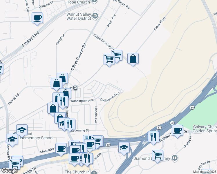 map of restaurants, bars, coffee shops, grocery stores, and more near 607 Alder Lane in Walnut