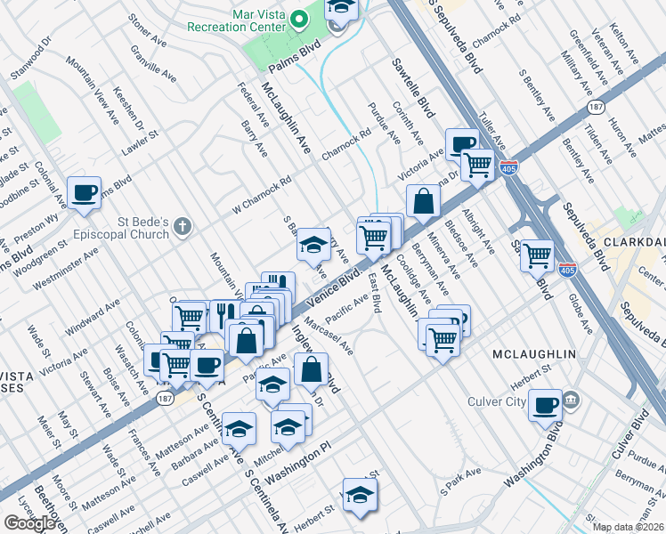 map of restaurants, bars, coffee shops, grocery stores, and more near 11811 Venice Boulevard in Los Angeles