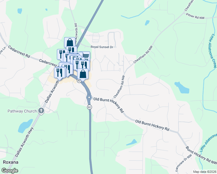 map of restaurants, bars, coffee shops, grocery stores, and more near 409 Saybrook Crossing in Acworth