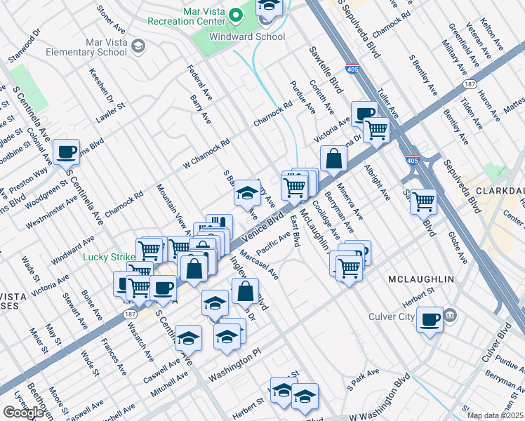 map of restaurants, bars, coffee shops, grocery stores, and more near 11811 California 187 in Los Angeles