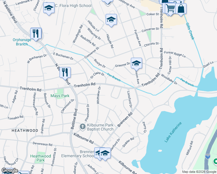 map of restaurants, bars, coffee shops, grocery stores, and more near 4320 Trenholm Road in Columbia