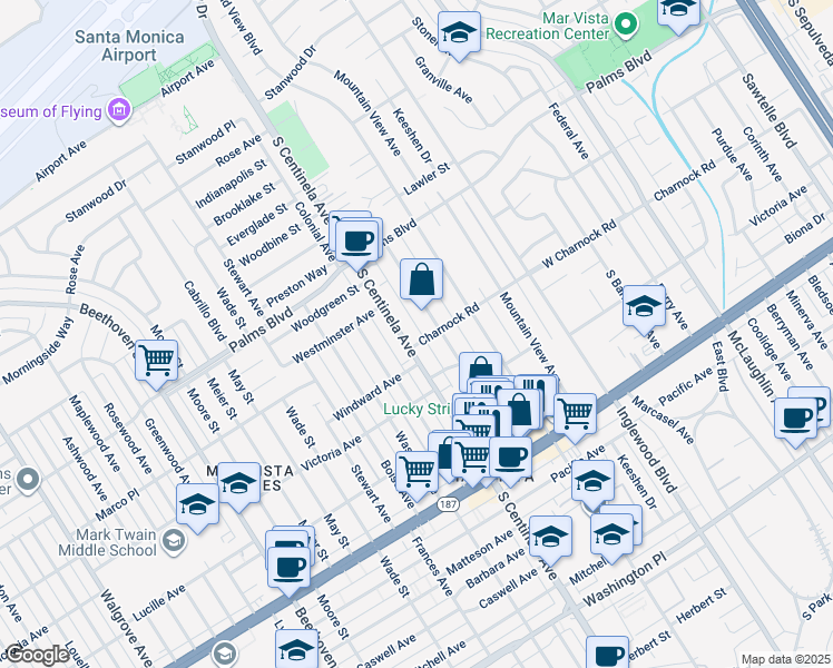 map of restaurants, bars, coffee shops, grocery stores, and more near 3596 South Centinela Avenue in Los Angeles