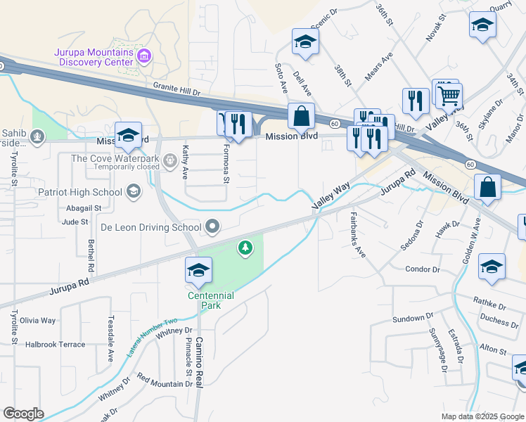 map of restaurants, bars, coffee shops, grocery stores, and more near 7360 River Glen Drive in Riverside