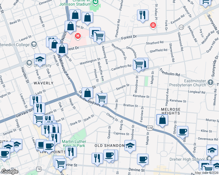 map of restaurants, bars, coffee shops, grocery stores, and more near 2483 Senate Street in Columbia