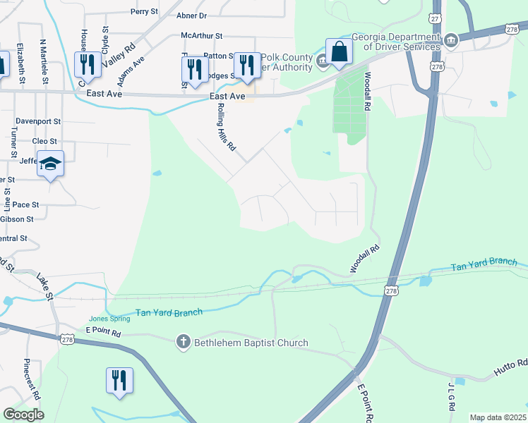 map of restaurants, bars, coffee shops, grocery stores, and more near 27 Gentry Court in Cedartown