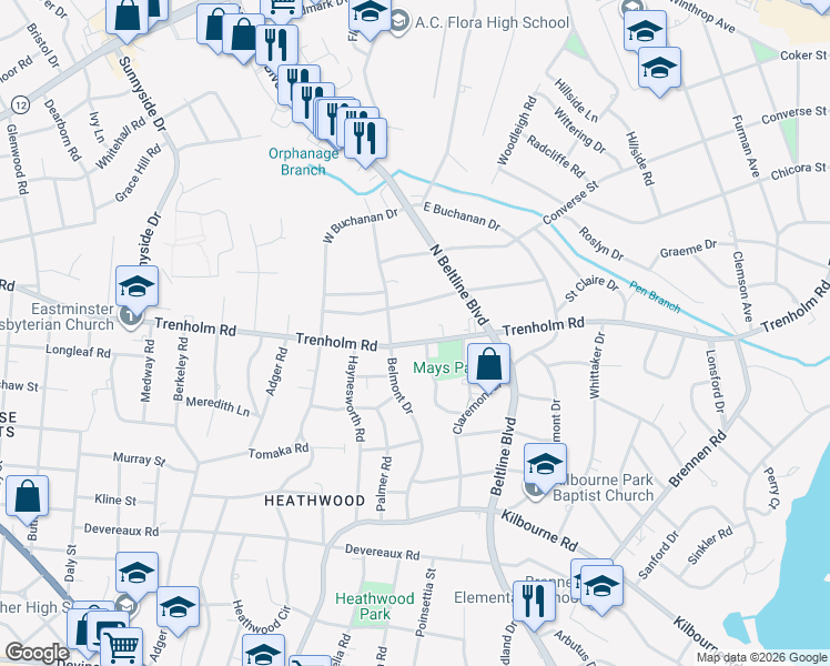 map of restaurants, bars, coffee shops, grocery stores, and more near 4000 Trenholm Road in Columbia
