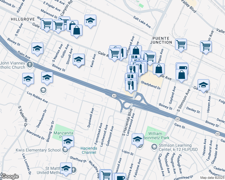 map of restaurants, bars, coffee shops, grocery stores, and more near 1266 Farmstead Avenue in La Puente