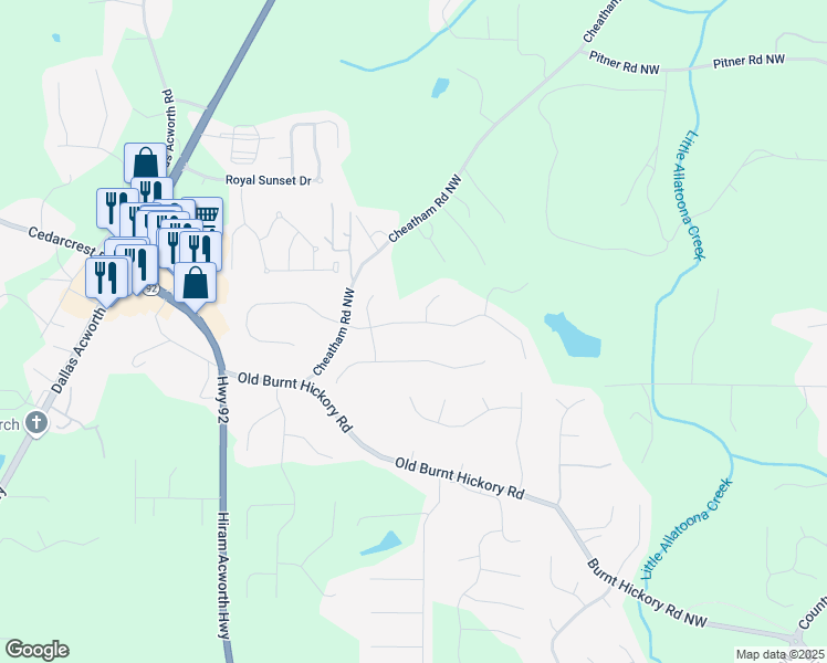 map of restaurants, bars, coffee shops, grocery stores, and more near 160 Heights Lane in Acworth
