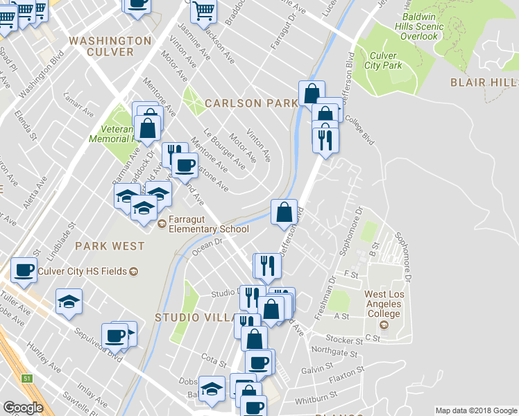 map of restaurants, bars, coffee shops, grocery stores, and more near 4518 Jasmine Avenue in Culver City