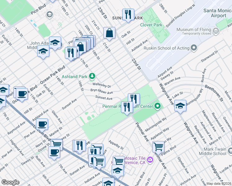 map of restaurants, bars, coffee shops, grocery stores, and more near 1770 Bryn Mawr Avenue in Santa Monica