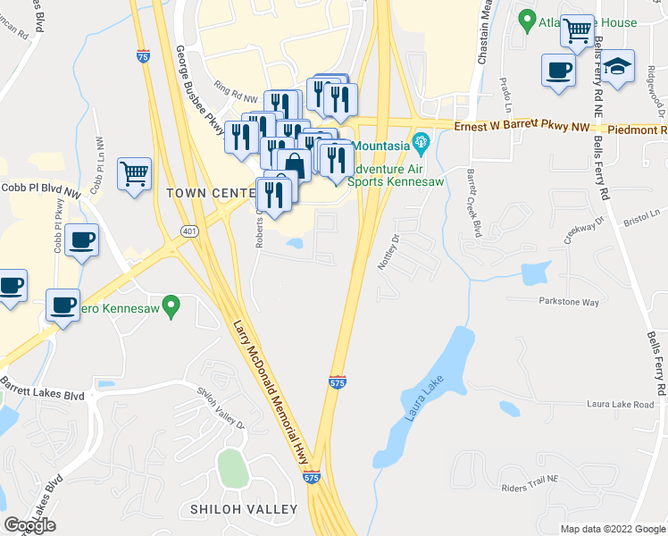 map of restaurants, bars, coffee shops, grocery stores, and more near 343 Heritage Park Trace Northwest in Kennesaw