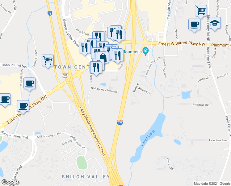 map of restaurants, bars, coffee shops, grocery stores, and more near 347 Heritage Park Trace Northwest in Kennesaw