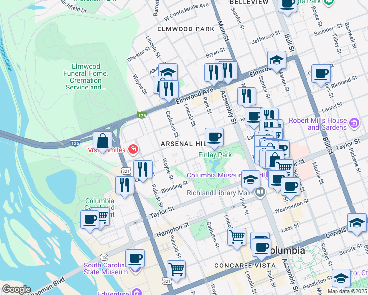 map of restaurants, bars, coffee shops, grocery stores, and more near 800 Richland Street in Columbia