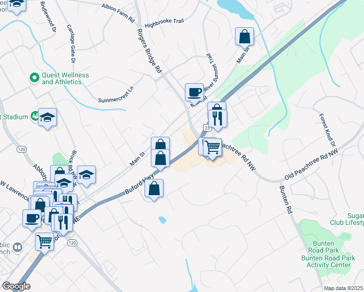 map of restaurants, bars, coffee shops, grocery stores, and more near 2715 Buford Highway in Duluth