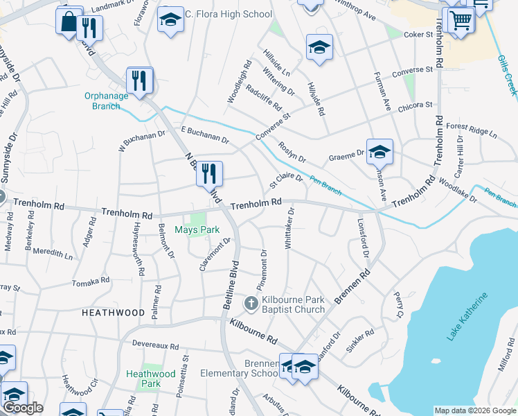 map of restaurants, bars, coffee shops, grocery stores, and more near 4130 Trenholm Road in Columbia