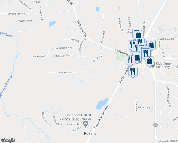map of restaurants, bars, coffee shops, grocery stores, and more near 375 Stoker Road in Dallas