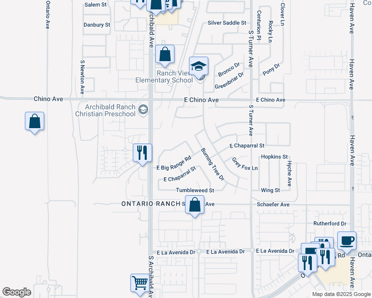 map of restaurants, bars, coffee shops, grocery stores, and more near 3554 South Mustang Drive in Ontario