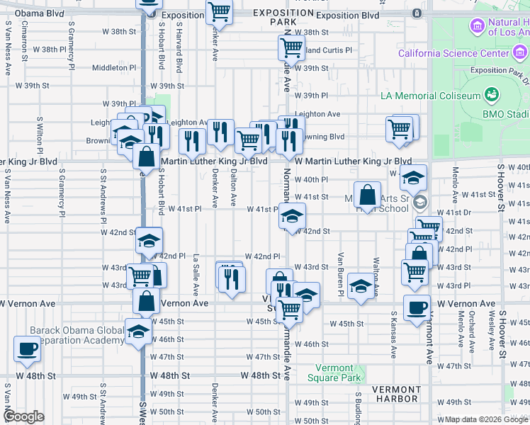 map of restaurants, bars, coffee shops, grocery stores, and more near 4153 Brighton Avenue in Los Angeles