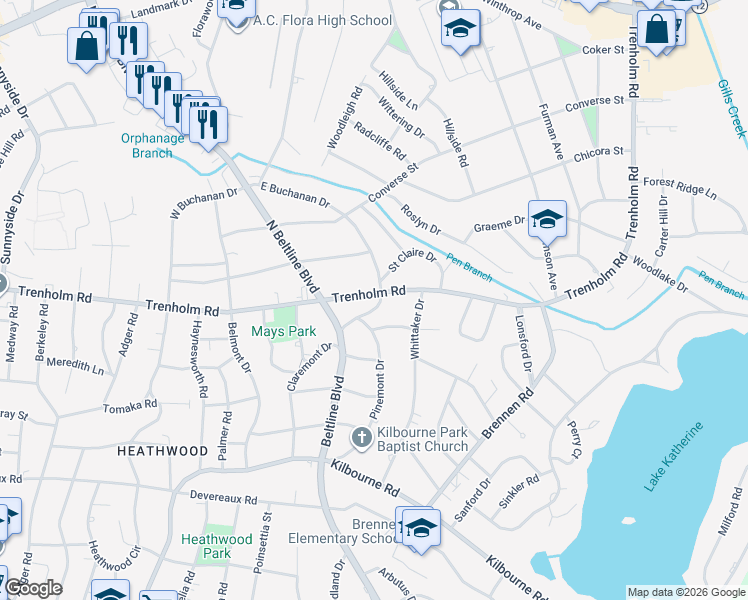 map of restaurants, bars, coffee shops, grocery stores, and more near 4130 Trenholm Road in Columbia