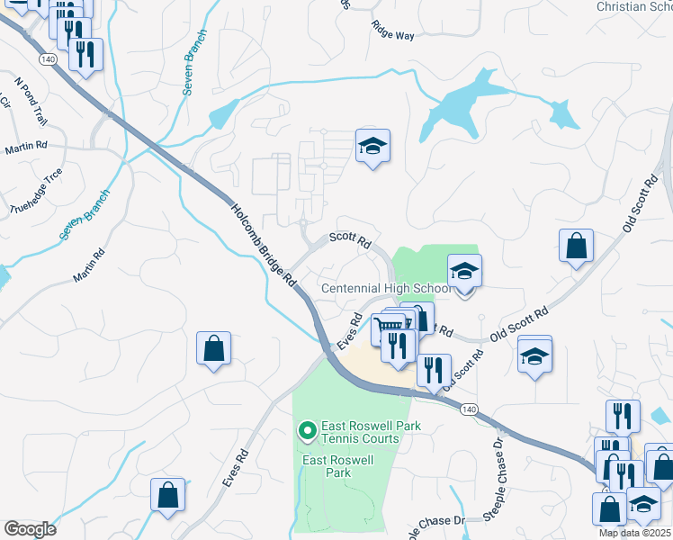 map of restaurants, bars, coffee shops, grocery stores, and more near 1085 Celebration Drive in Roswell